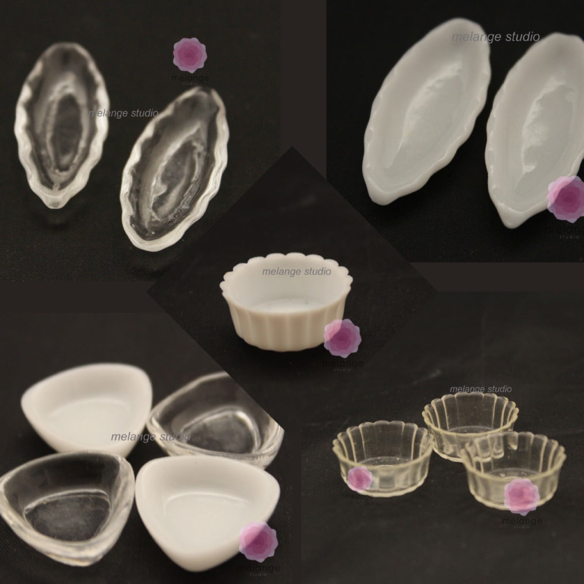 Grid of clear and white patterned resin miniature bowls and oval dishes