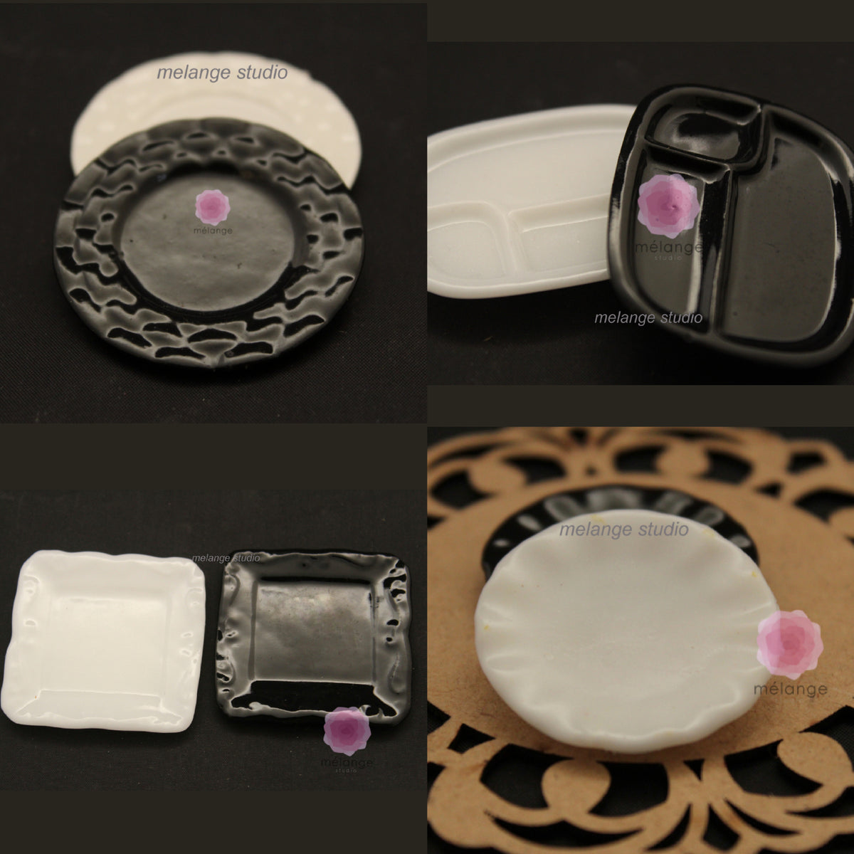 Grid of white and black resin miniature designer plates in round, square and oval shapes